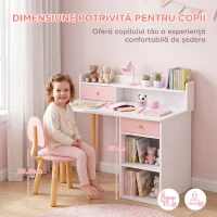AIYAPLAY Set birou și scaun pentru copii din lemn, cu 2 sertare și rafturi, pentru cameră, birou sau grădiniță, roz(m-6)