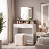 HOMCOM Vanity Table, Dressing Table with Mirror, LED Lights, 2 Drawers, 3 Compartments, Colour Changing, Walnut Brown and White(m-2)