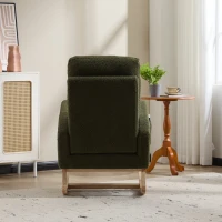 Fauteuil à bascule d’allaitement en tissu teddy, dossier haut ergonomique, base incurvée en bois et poche latérale, Vert(m-18)