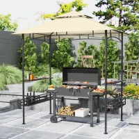 Outsunny BBQ-Tent, Grill-Tent, Tuinpaviljoen met 2 Planken, Opbergmanden, Haken, voor Terras, Beige(m-2)