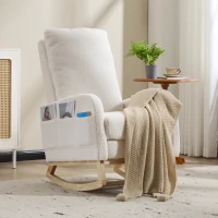 Fauteuil à bascule d’allaitement, dossier haut, tissu teddy, poche latérale, repose-pieds, base en bois courbé, Blanc(m-8)