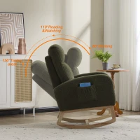 Fauteuil à bascule d’allaitement en tissu teddy, dossier haut ergonomique, base incurvée en bois et poche latérale, Vert(m-5)