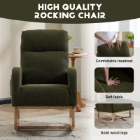 Fauteuil à bascule d’allaitement en tissu teddy, dossier haut ergonomique, base incurvée en bois et poche latérale, Vert(m-3)