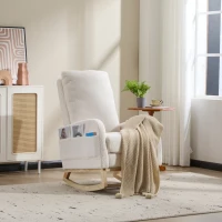 Fauteuil à bascule d’allaitement, dossier haut, tissu teddy, poche latérale, repose-pieds, base en bois courbé, Blanc(m-11)