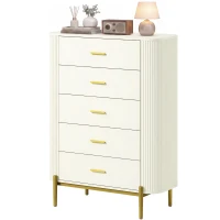 HOMCOM Kommode mit 5 Schubladen, Schlafzimmerkommode mit Rillenoptik, Metallgriffen und -beinen, 90x44x120 cm, Hellgrau(m-7)