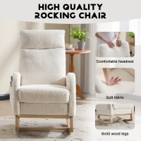 Fauteuil à bascule d’allaitement, dossier haut, tissu teddy, poche latérale, repose-pieds, base en bois courbé, Blanc(m-3)