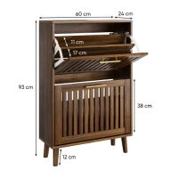 Schuhschrank, 60x24x93 cm, zwei Klappschubladen, offenes Schuhregal, Kippschutz, Landhaus-Design, Walnuss(m-2)
