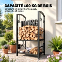 Outsunny Porte bûches - Range bûches Serviteur de cheminée - Multi Accessoires 2 étagères 40L x 30l x 75H cm métal Noir(m-5)