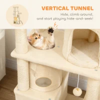 PawHut 170 cm Large Cat Tree, Cat Tower with 7 Scratching Posts, Tunnel, 2 Condos, Hammock, Perch, Ramp, Pompoms, Beige(m-6)