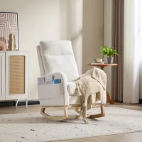Fauteuil à bascule d’allaitement, dossier haut, tissu teddy, poche latérale, repose-pieds, base en bois courbé, Blanc(m-10)