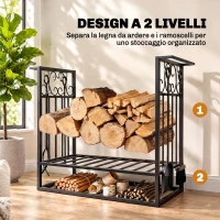 HOMCOM Portalegna Rialzato per Camino in Acciaio Antiruggine, Porta Legna da Interni ed Esterni, 4 Attrezzi Inclusi, 75x30x60cm(m-5)