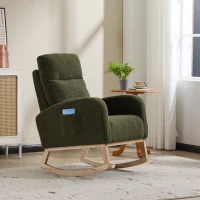 Fauteuil à bascule d’allaitement en tissu teddy, dossier haut ergonomique, base incurvée en bois et poche latérale, Vert(m-16)