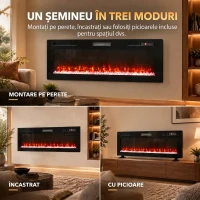 HOMCOM Șemineu electric 153 cm, încastrabil/de perete/de podea, ultrasubțire 8,3 cm, cu telecomandă, 900/1800 W, timer, negru(m-4)