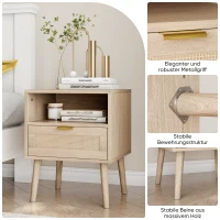 Nachttisch mit Rattanfront, Schublade und offenem Regal, Goldgriff, MDF, 45x40x55 cm, Dunkle Eiche(m-7)
