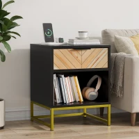 Nachttisch mit Schublade und offenem Fach, modernes Mid-Century-Design, MDF, 43x40x55 cm, Schwarz+Naturfarbe(m-6)