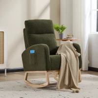 Fauteuil à bascule d’allaitement en tissu teddy, dossier haut ergonomique, base incurvée en bois et poche latérale, Vert(m-2)