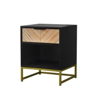 Nachttisch mit Schublade und offenem Fach, modernes Mid-Century-Design, MDF, 43x40x55 cm, Schwarz+Naturfarbe(m-9)