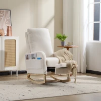 Fauteuil à bascule d’allaitement, dossier haut, tissu teddy, poche latérale, repose-pieds, base en bois courbé, Blanc(m-12)