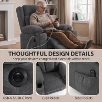 HOMCOM Fauteuil Releveur Électrique Massage Vibration et Chaleur, Fauteuil Relax Électrique Inclinable en Tissu Éponge, Gris(m-8)