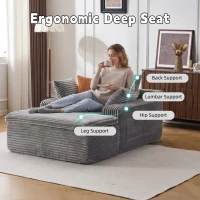 Rahmenloses Schlafsofa mit Longchair, hochdichtem Schaumstoff, 2-in-1-Kissen und Getränkehaltern, 165x112x63 cm, Grau(m-9)