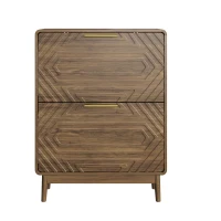 Schuhschrank, freistehend und schmal, mit geprägten Türen, offenem Ablagefach und goldfarbenen Griffen, 60x24x95 cm, Walnussfarben(m-9)