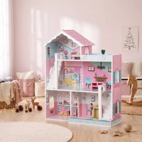 AIYAPLAY Casa de Bonecas de Madeira para Crianças Casa dos Sonhos de 3 Andares com Varanda Escadas e 10 Acessórios Rosa(m-5)