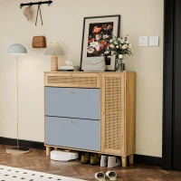Schuhschrank mit Rattan-Elementen, flexiblem Stauraum und Metallbeinen, 107x24x105 cm, Grau(m-4)