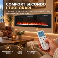 HOMCOM Camino Elettrico da Incasso, Parete e Terra Slim 173 cm con Telecomando, 900/1800W, Timer, 35㎡, Nero(m-7)