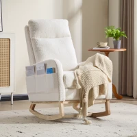 Fauteuil à bascule d’allaitement, dossier haut, tissu teddy, poche latérale, repose-pieds, base en bois courbé, Blanc(m-8)