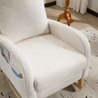 Fauteuil à bascule d’allaitement, dossier haut, tissu teddy, poche latérale, repose-pieds, base en bois courbé, Blanc(m-14)