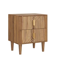 Nachttisch mit 2 Schubladen und geometrischen Intarsien, Boho-Stil, MDF, 48x38x56 cm, Walnussbraun(m-12)