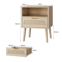 Nachttisch mit Rattanfront, Schublade und offenem Regal, Goldgriff, MDF, 45x40x55 cm, Dunkle Eiche(m-3)