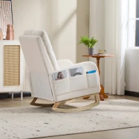Fauteuil à bascule d’allaitement, dossier haut, tissu teddy, poche latérale, repose-pieds, base en bois courbé, Blanc(m-21)