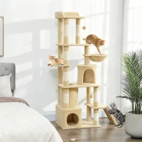 PawHut 170 cm Large Cat Tree, Cat Tower with 7 Scratching Posts, Tunnel, 2 Condos, Hammock, Perch, Ramp, Pompoms, Beige(m-10)