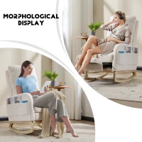 Fauteuil à bascule d’allaitement, dossier haut, tissu teddy, poche latérale, repose-pieds, base en bois courbé, Blanc(m-7)