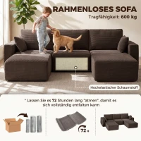 HOMCOM Sofa modułowa U 287 cm, bezramowa, szerokie i głębokie siedzisko, sztruks, pianka High Density, bez montażu, khaki(m-5)