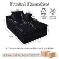 Boden-Schlafsofa mit Chaise-Lounge, hochdichtem Schaumstoff, ergonomischem Design und 2-in-1-Kissen, 165x112x63 cm, Schwarz(m-3)