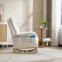 Fauteuil à bascule d’allaitement, dossier haut, tissu teddy, poche latérale, repose-pieds, base en bois courbé, Blanc(m-19)