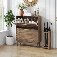 Schuhschrank, freistehend und schmal, mit geprägten Türen, offenem Ablagefach und goldfarbenen Griffen, 60x24x95 cm, Walnussfarben(m-1)