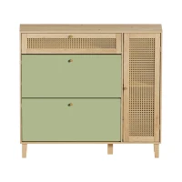 Schuhschrank mit Rattan-Elementen, verstellbaren und herausnehmbaren Trennwänden, platzsparendes Design, 107x24x105 cm, Grün(m-9)