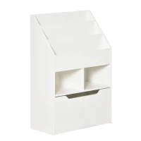 HOMCOM Estante de Madeira para Brinquedos com 3 Compartimentos 2 Cubos e Gaveta Móvel com 4 Rodas Estante para Livros Infantil para Dormitório Infantil Sala de Jogos 60x29,9x90cm Branco(m-11)