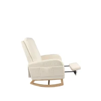 Fauteuil à bascule d’allaitement, dossier haut, tissu teddy, poche latérale, repose-pieds, base en bois courbé, Blanc(m-27)