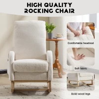 Fauteuil à bascule d’allaitement, dossier haut, tissu teddy, poche latérale, repose-pieds, base en bois courbé, Blanc(m-3)