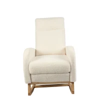 Fauteuil à bascule d’allaitement, dossier haut, tissu teddy, poche latérale, repose-pieds, base en bois courbé, Blanc(m-23)