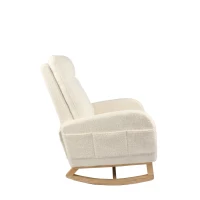 Fauteuil à bascule d’allaitement, dossier haut, tissu teddy, poche latérale, repose-pieds, base en bois courbé, Blanc(m-26)