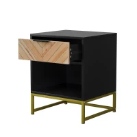 Nachttisch mit Schublade und offenem Fach, modernes Mid-Century-Design, MDF, 43x40x55 cm, Schwarz+Naturfarbe(m-12)