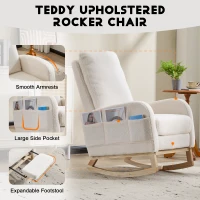 Fauteuil à bascule d’allaitement, dossier haut, tissu teddy, poche latérale, repose-pieds, base en bois courbé, Blanc(m-4)