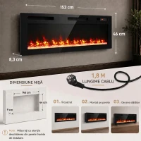 HOMCOM Șemineu electric 153 cm, încastrabil/de perete/de podea, ultrasubțire 8,3 cm, cu telecomandă, 900/1800 W, timer, negru(m-3)