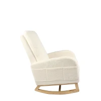 Fauteuil à bascule d’allaitement, dossier haut, tissu teddy, poche latérale, repose-pieds, base en bois courbé, Blanc(m-24)