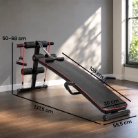 HOMCOM Banc de musculation appareil à abdo hauteur réglable 137,5L x 55,5l x 50-68H cm 2 bandes de résistances + ressort central traction acier noir rouge(m-3)